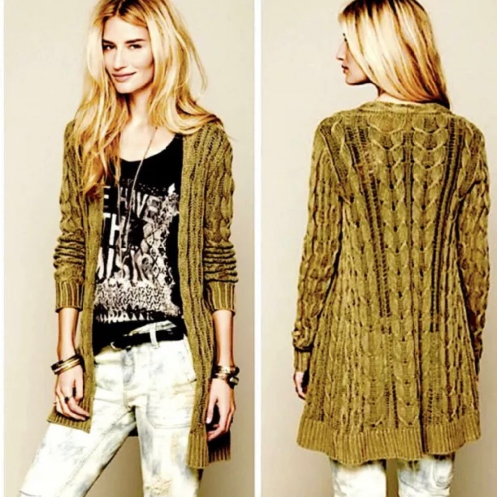 FREE PEOPLE Small Boyfriend Slouch  Eucalyptus Cardigan Sweater Crochet Knit Grn